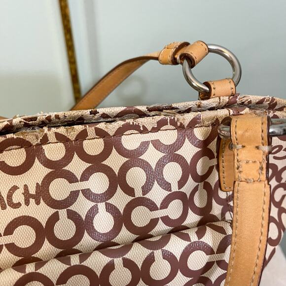 COACH Womens Satchel Shoulder Handbag Purse Signature Coated Canvas Brown Tan - Picture 13 of 16